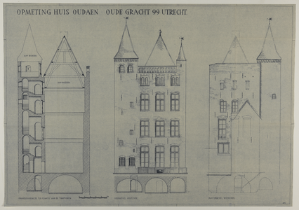 217669 Opstanden en doorsnede van het huis Oudaen (Oudegracht 99) te Utrecht.